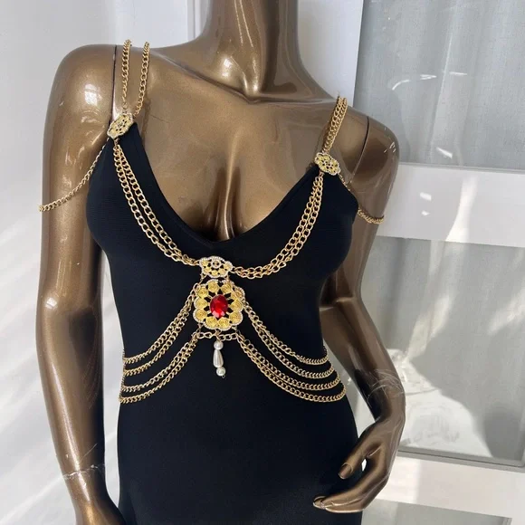 Brand New! Elegant Black Dress with Gold Accents - Picture 5 of 10